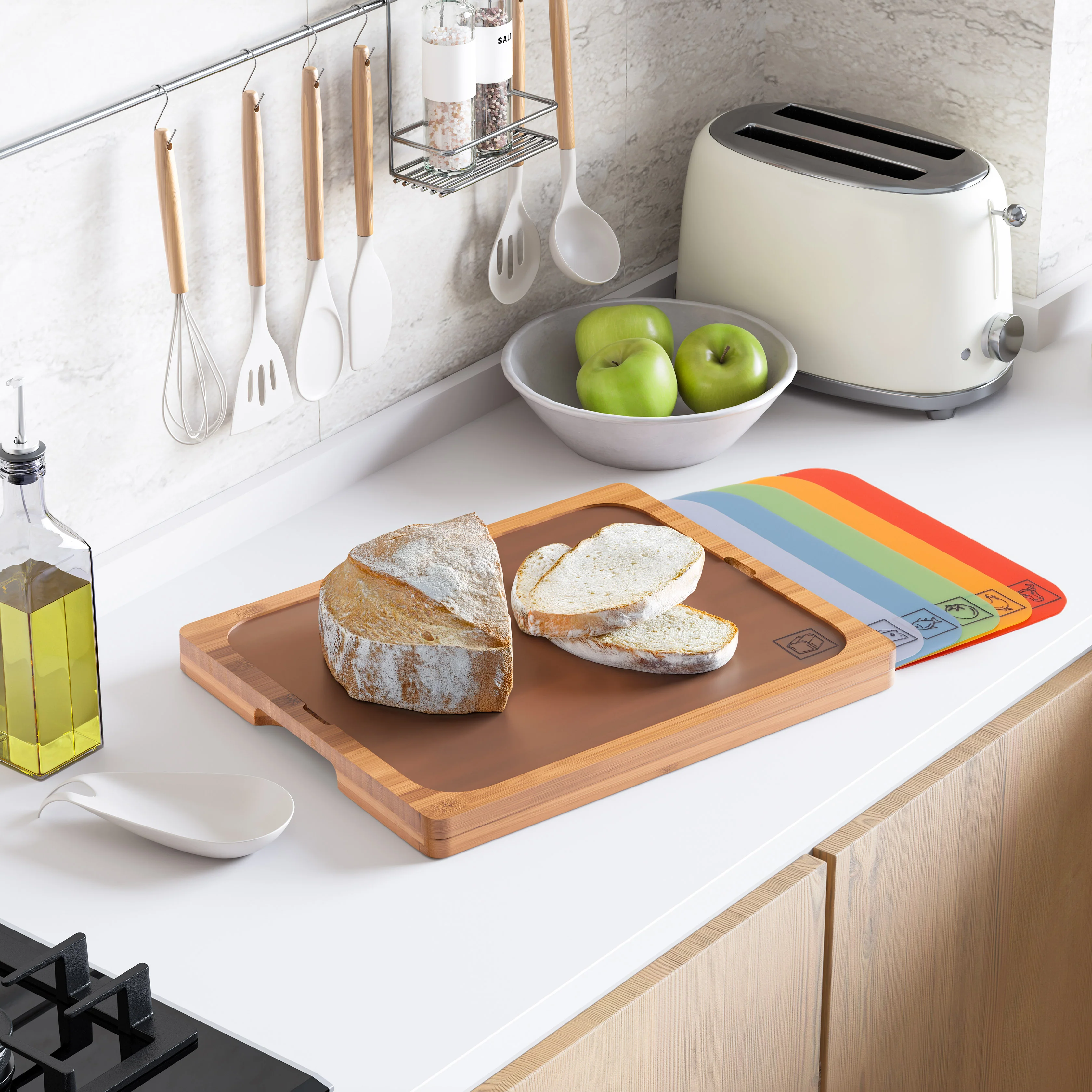 Bamboo Cutting Board w/ 7 Color-Coded Cutting Mats - Image 8