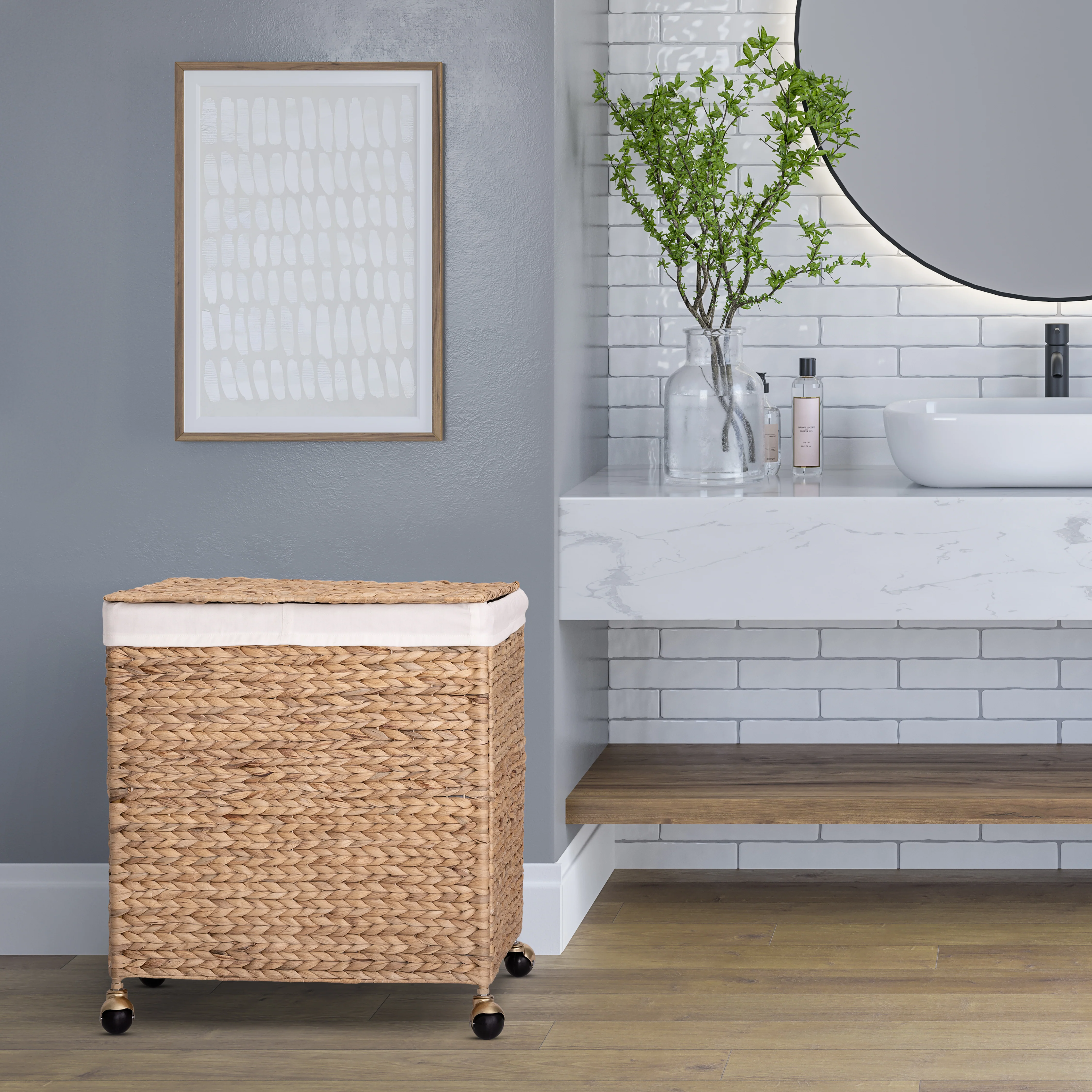 Natural Water Hyacinth Handwoven Lidded Double Laundry Hamper with Gold Sphere Casters - Image 11